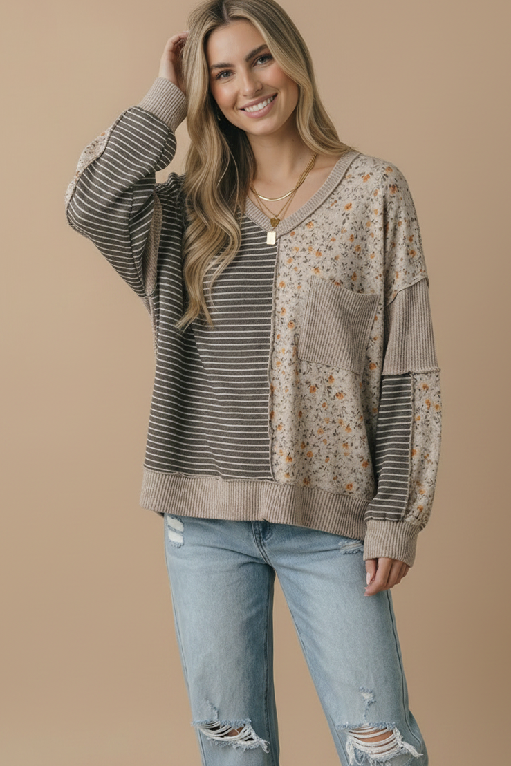 V Neck Color Block Outseam Top