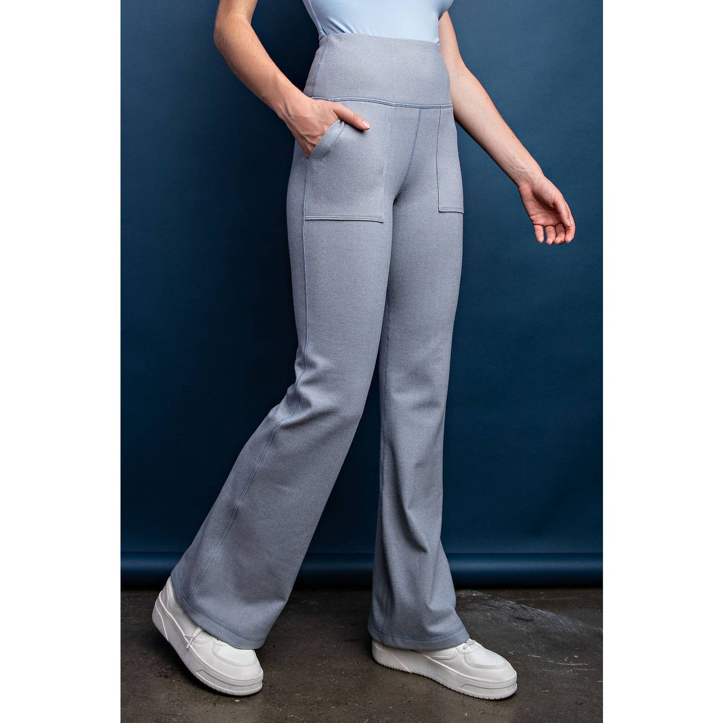 Chambray - Rib Brushed Bell Bottom Pants with Pockets