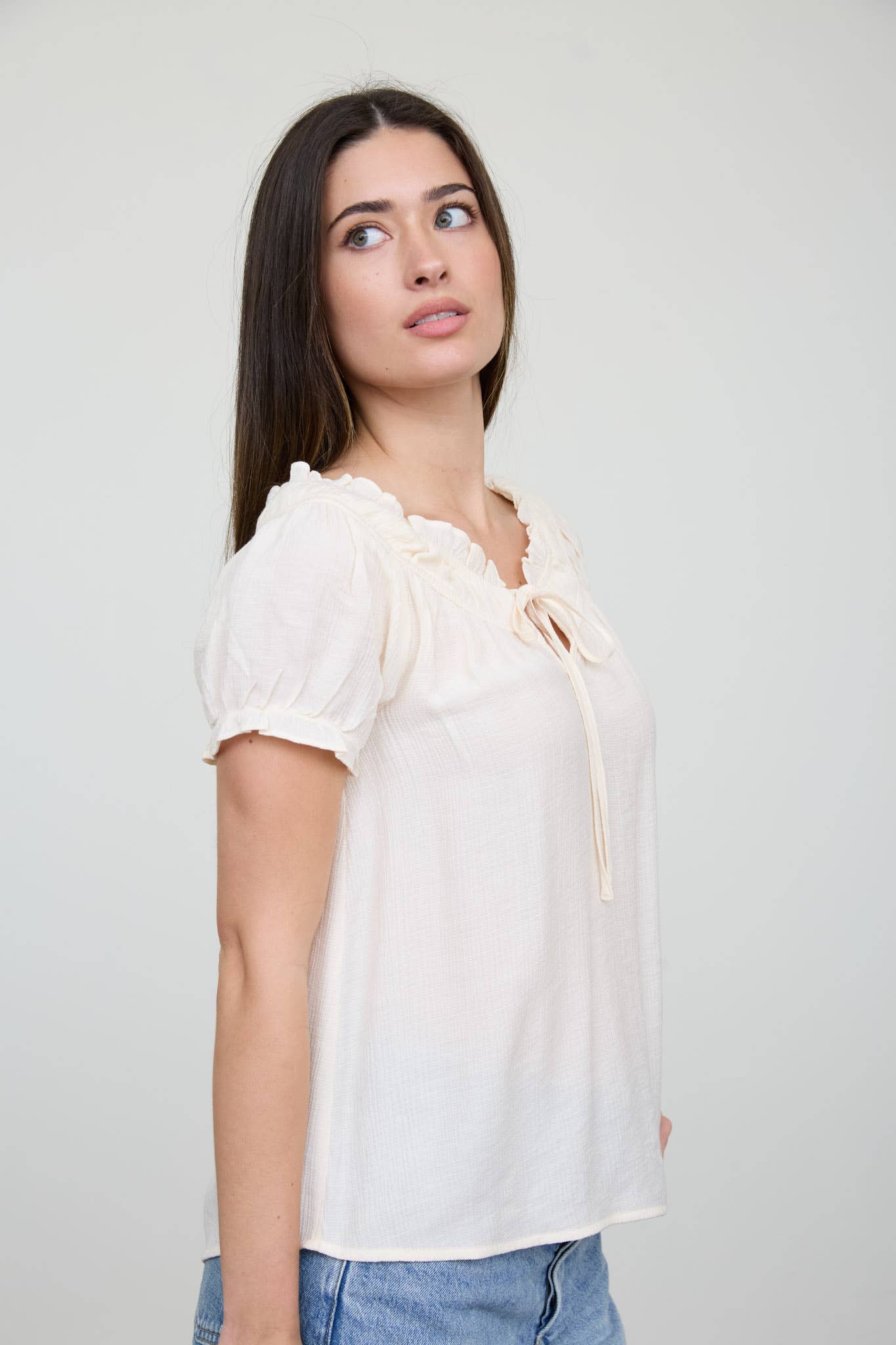 Cream Ruffled Boat Neck Front Tie Blouse