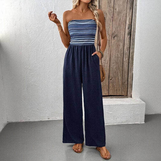 Navy Elastic Waist Tube Top Jumpsuit