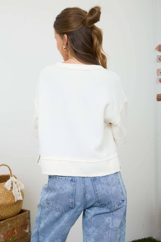 Cream Raw Edge Waffle Knit Top