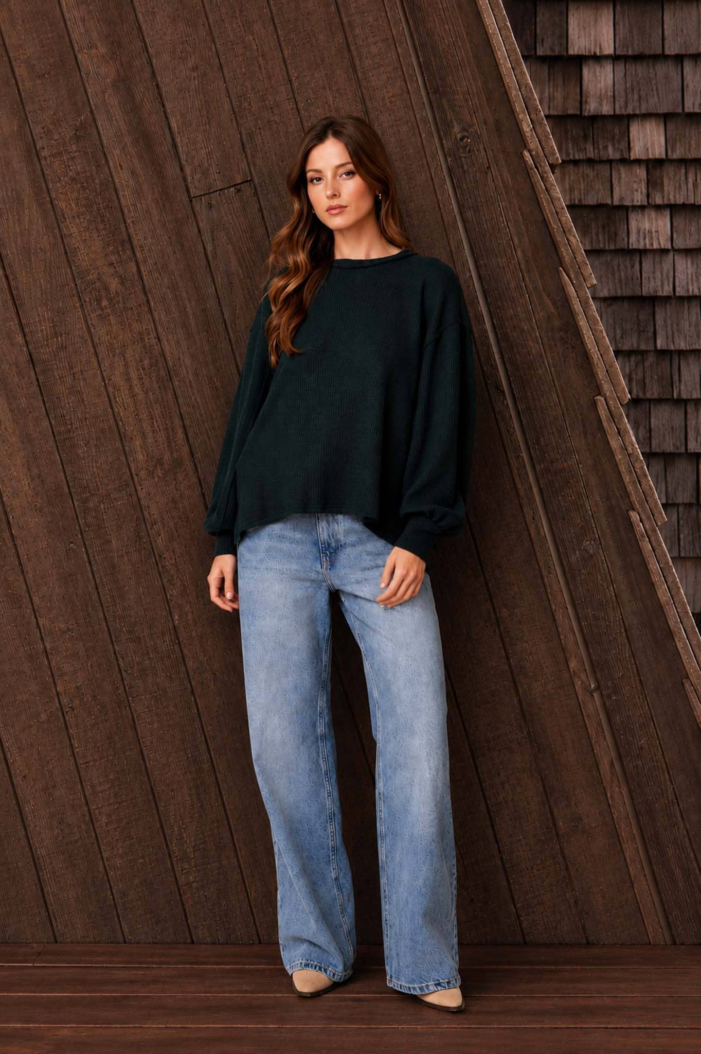 Hunter Green - Textured Exposed Seam Oversized Knit Top