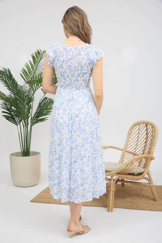 BLUE FLORAL V NECK SMOCKED MIDI DRESS