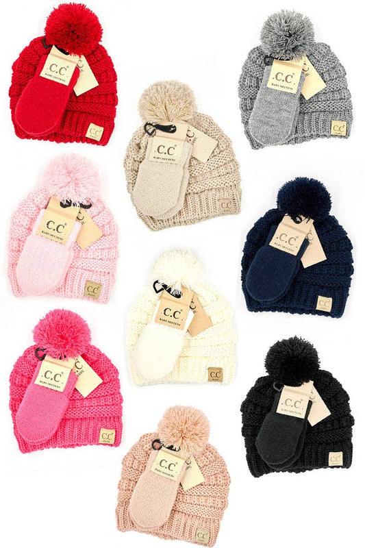 Baby Pom Beanie and Mitten Glove Set