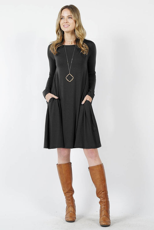 BLACK LONG SLEEVE FLARE DRESS WITH POCKETS