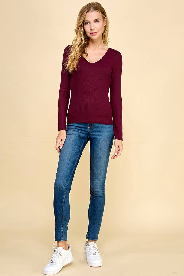 Dark Chocolate Ribbed Double Layered V-Neck Top